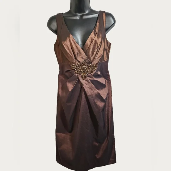 David Meister Brown Copper Bronze Cocktail Dress Beaded 6 - Picture 1 of 16